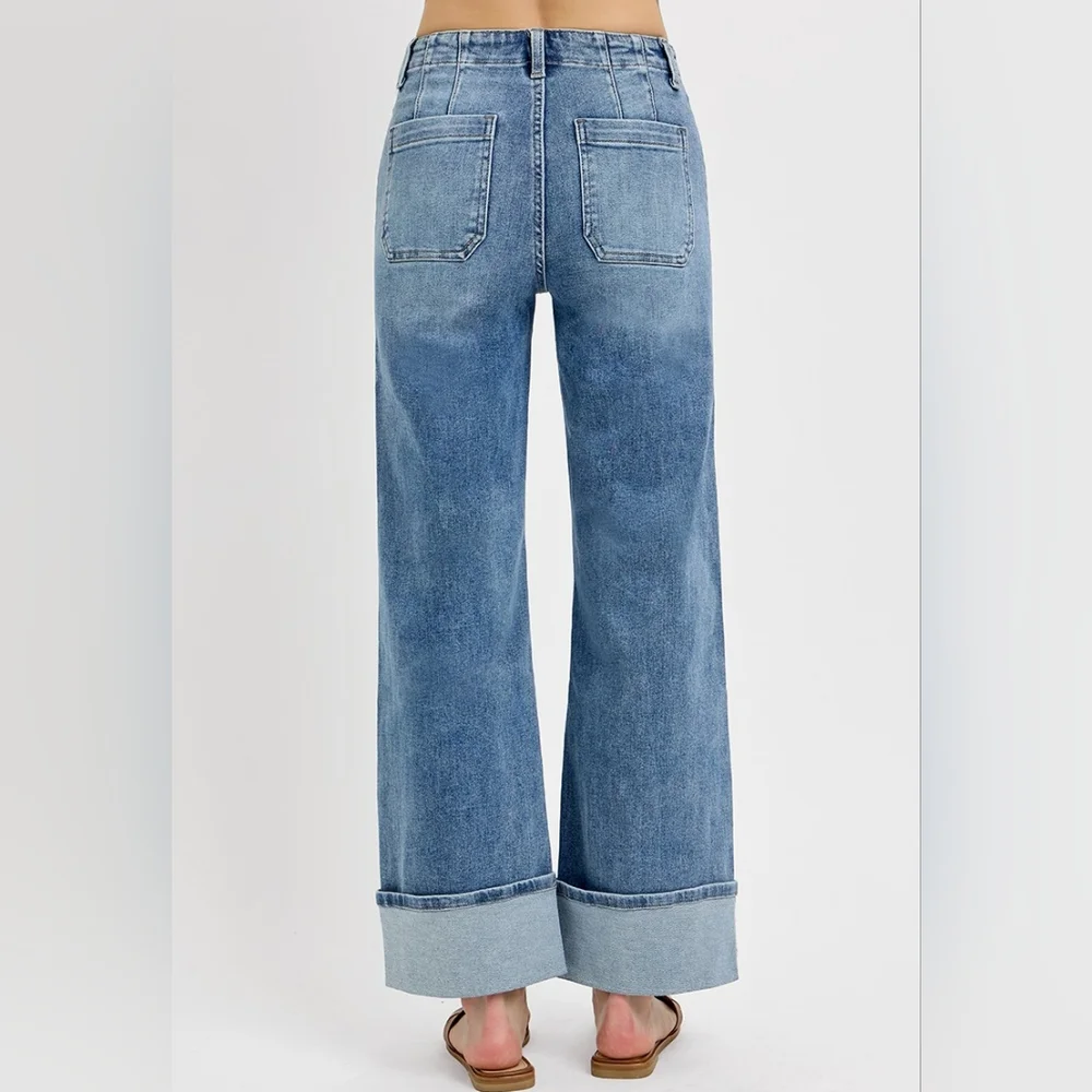 Risen HR Medium Wash Button Fly Patch Pocket Cuffed Wide Leg Jeans Various NEW - Picture 4 of 6
